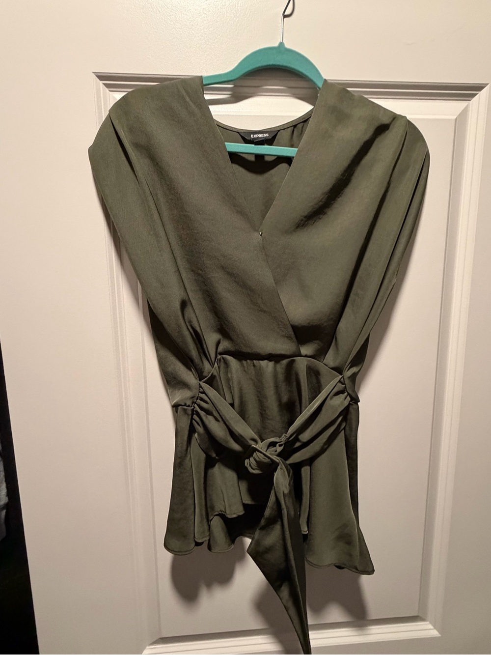 Express Olive Wrap Peplum Blouse with Self-Tie Waist